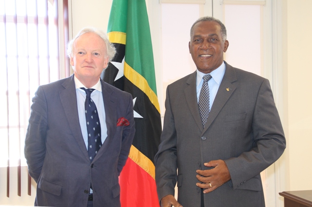 Premier of Nevis Hon. Vance Amory (r) and Dr. David Doyle, St. Kitts and Nevis Permanent Representative to the United Nations Educational, Scientific and Cultural Organization at the Premier’s office, Pinney’s Estate on April 11, 2017